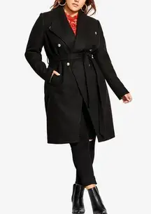 NWT City Chic Plus Size Sassy Military Coat Black Belted Double Breasted S/16W