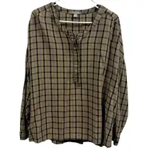 Peace and Pearls Plaid Long Sleeve Quarter Button Up Viscose Blouse Top Shirt 1X