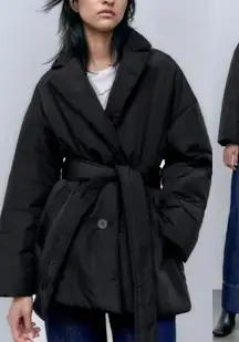 Zara NWT black belted tie belt puffer jacket coat