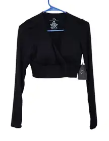 Klassy Network Surplice Long Sleeve Wrap Top Black Built in Bra Brami Medium