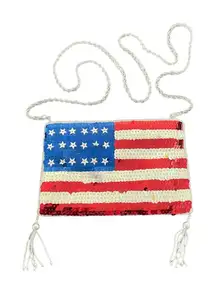 American Flag Sequin Beaded Bag Zip Coin Purse Tassel USA Fourth of July NWT