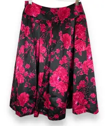 Talbots‎ Floral Skirt Cotton Silk A-Line Black Bright Pink Pleats Size 4 Petite