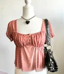 Pink Mesh Floral Babydoll Top Milkmaid Y2K Retro‎ Indie Cottagecore Soft Girl XS