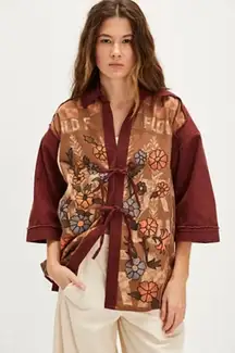 NEW Free People We The Free Pressed in Flowers Embroidered Floral Kimono‎ Brown