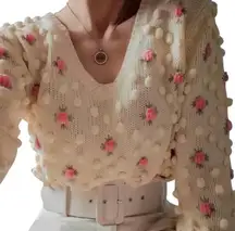 🌸 Zara Pom Pom Floral Knit Sweater Size S V Neck