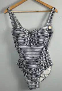 New Nip Tuck white blue stripe twist multi fit cup one piece bathing suit size 8