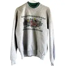 Jerzees VTG  Sweatshirt Double Collar Floral Print Crew Neck Cotton Gray XLarge