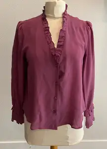 Lavender Brown Vintage Silk Ruffled V-Neck Blouse - Mauve