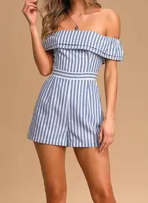 Lulus Nautical You Mine Blue Striped Off-the-Shoulder Romper Size XL‎