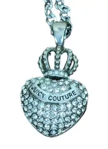 Juicy Couture Vintage Y2K Rhinestone Silver Tone Puffy Heart and Crown Necklace