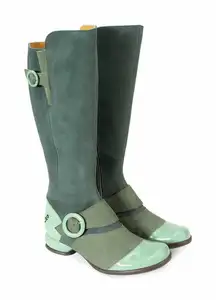 John Fluevog Fellowship Carol Tall Leather Buckle Zip Boots Green 7.5 GUC