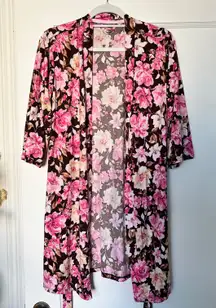 Pink Brown Floral Intimates Sleep Lounge Robe with Sleep Shorts M