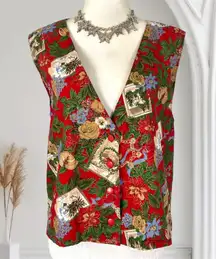 Vintage Nostalgia 90s Retro Red Green Christmas Holiday Mistletoe Button Vest OS