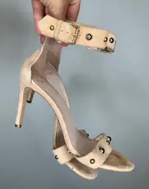 Maje Women's Studded Ankle Strap‎ Heels Suede Leather Beige Sandals