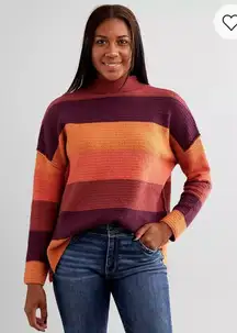 Buckle BKE Women’s Oversized Orange Mock Neck Sweater Striped Cotton Medium