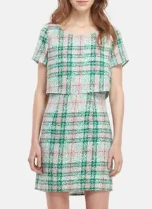 Cooper & Ella Pink Green Plaid Print Back Cutout Short Sleeve Dress size Small