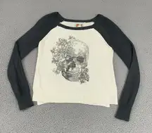 Mudd Skull Sweater Women M Ivory Gray Roses Knit Scoop Neck Punk Goth Y2K