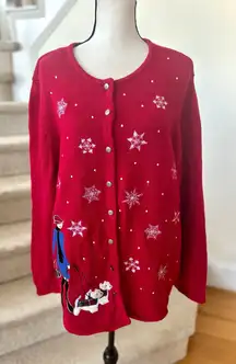 Vintage 90s Red Holiday Woman Walking Scottie Dog Cardigan Christmas Winter