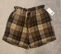 MNG by Mango Wool Plaid Brown and Tan Shorts with Drawstring Waist