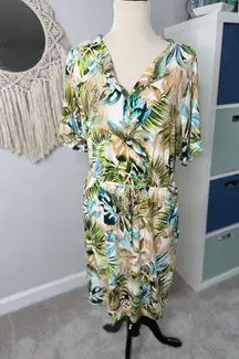 Chico's Green Tropical Floral Elastic Stretch Waist 2 12/14 Resortwear Dress