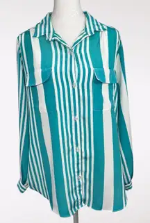 Vintage Striped Button Up Blouse Long Sleeve Silky Size Medium