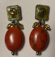 Dangle Earrings pierced in burnt orange and jade green color