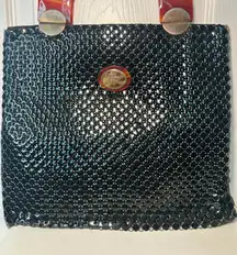 Vintage Whiting and Davis Black Metal Mesh Clutch Bag‎ Lucite Handle Retro
