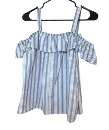 No Comment Striped Cold Shoulder Ruffle Top Button Down Blouse Blue Size M (133)