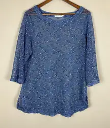 Lulu‎ B Tunic Top Womens XL Blue Net Mesh Mermaid Fishnet Open Knit 3/4 Sleeve