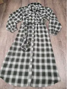 Kate + Sam Dark Green Plaid Button Front Long Sleeve Tie Belt Waist XXL Dress