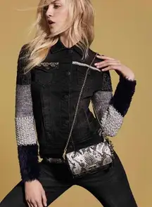 Desigual Exotic Black Denim Knit Sleeve Fur Cuff Embellished Jacket