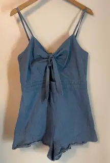 Hem & Thread Denim Chambray Adjustable Strap Romper Medium Ruffle Legs Tie Front