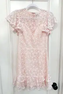 LARK CREW NECK RUFFLE SLEEVE DRESS LACE OVERLAY PINK