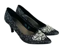 Laundry Pump Heel Black Shoes Tapestry Pearl &‎ Crystal Accent 7M Elegant NIB