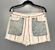 White Colorful Striped High Rise Cut Off Boho Beach Mom Shorts 8