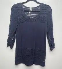 Monoreno Linen Cotton Crochet 3/4 Sleeve Women's Top Size Small Long Length