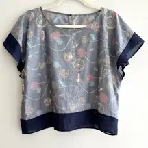 Eveve Nautical Print Blouse, Coastal Grandma Preppy Blouse, Navy Blue, Medium