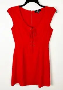 LULUS Sunny Spot Red Lace Corset  Pockets Cap Sleeves Dress, Size Medium
