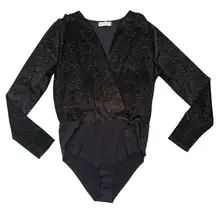 Altar'd State Black Gold Glitter Bodysuit‎ Womens Medium Long Sleeve Party Top