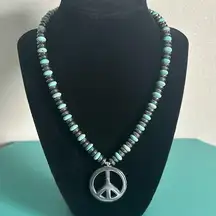 New Hand Crafted Hematite and Howlite Bead Necklace with Peace Sign Pendent