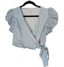 Bar III Light Blue Puff Sleeve Wrap Top Size XS
