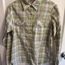 Wrangler Wrancher Western Plaid Shirt Long Sleeve Womens L Yellow Button Down