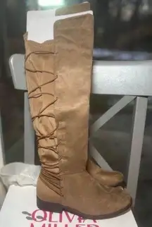 Knee High Strappy Back Low Heel Boots Size 7.5
