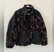 Joy Lab Oversized Checkered Loose Fit Fleece Cropped Jacket Black Green Size M L