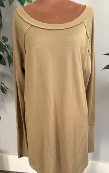 Free People Tan Waffle Knit Long Sleeve Thermal Shirt Top Women's Large