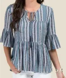 Blue Rain Francesca’s  Sierra Striped Peplum Top Blue White Stripe Size M Boho