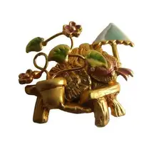 Gold Tone Garden Bench Chair Brooch Pin Plants Flowers Floral Potted Gardener