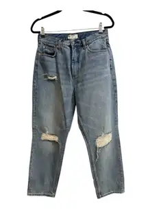 Free People Light Wash Distressed Holey High Waisted Mom Straight Jean Size 30