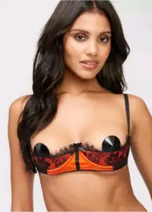 Frederick's of Hollywood Lux Black & Orange‎ Lace Sexy Bra Sz 10 NEW Open Cup