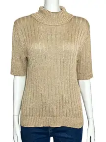 Vintage 90s Silk Blend Gold Turtleneck Short Sleeve Sweater. S/M. Minimalist